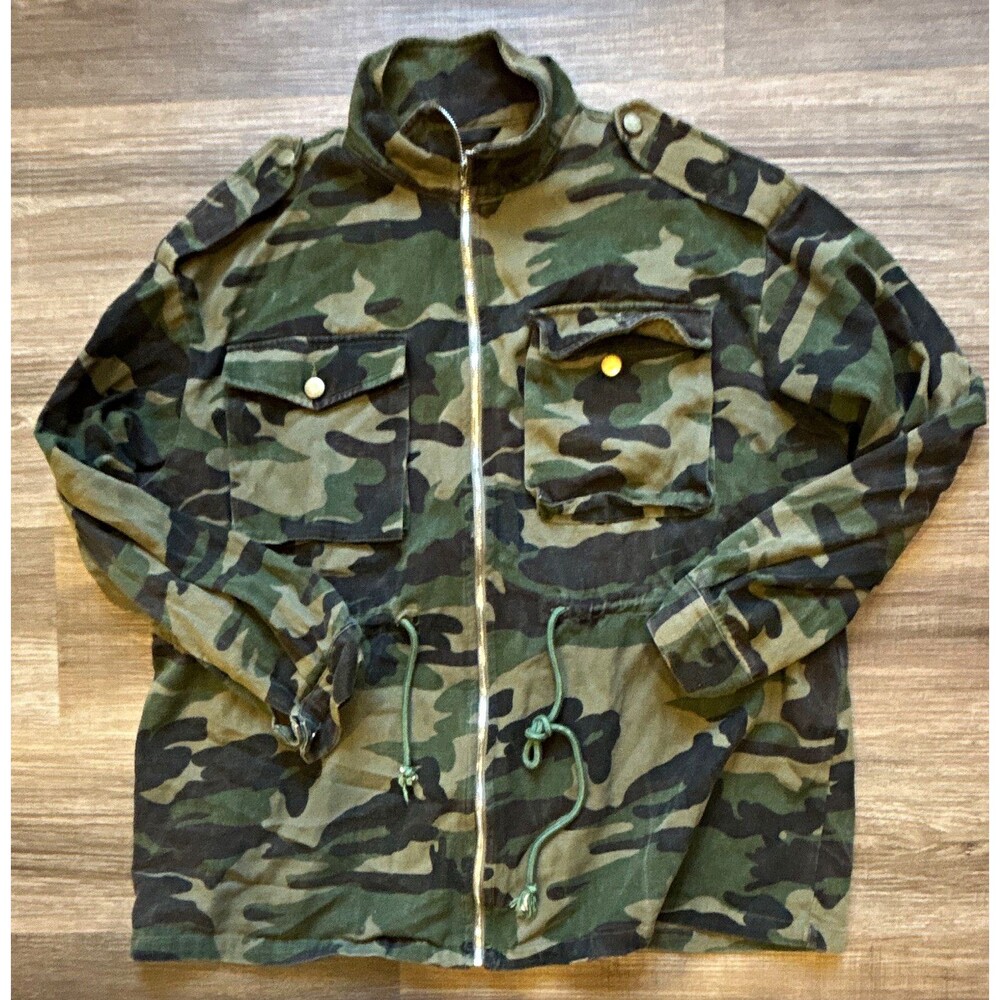 Men’s Green Camouflage Full Zip Military Jacket Stand-Up Collar Pockets Short S